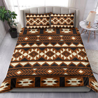 Brown geometric Native American bedding set with pillowcases, full bed view