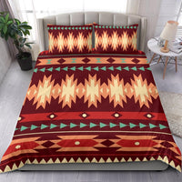 Red Native-style bedding set with two pillowcases, chevron zigzags and striped geometric bands