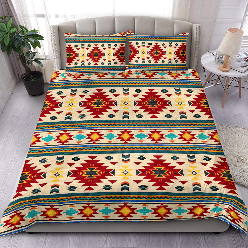 Multicolor southwest bedding set with two shams spread across the bed top