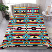 Blue and red multicolor bedding set, comforter with patterned pillow shams and trim border