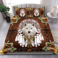 Wolf headdress bedding set with two pillow shams, white fur wolf face on brown print