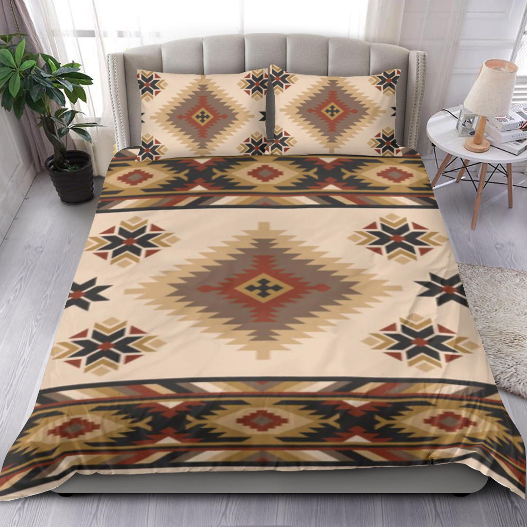 Native American pattern bedding set, beige geometric print on duvet with two pillowcases