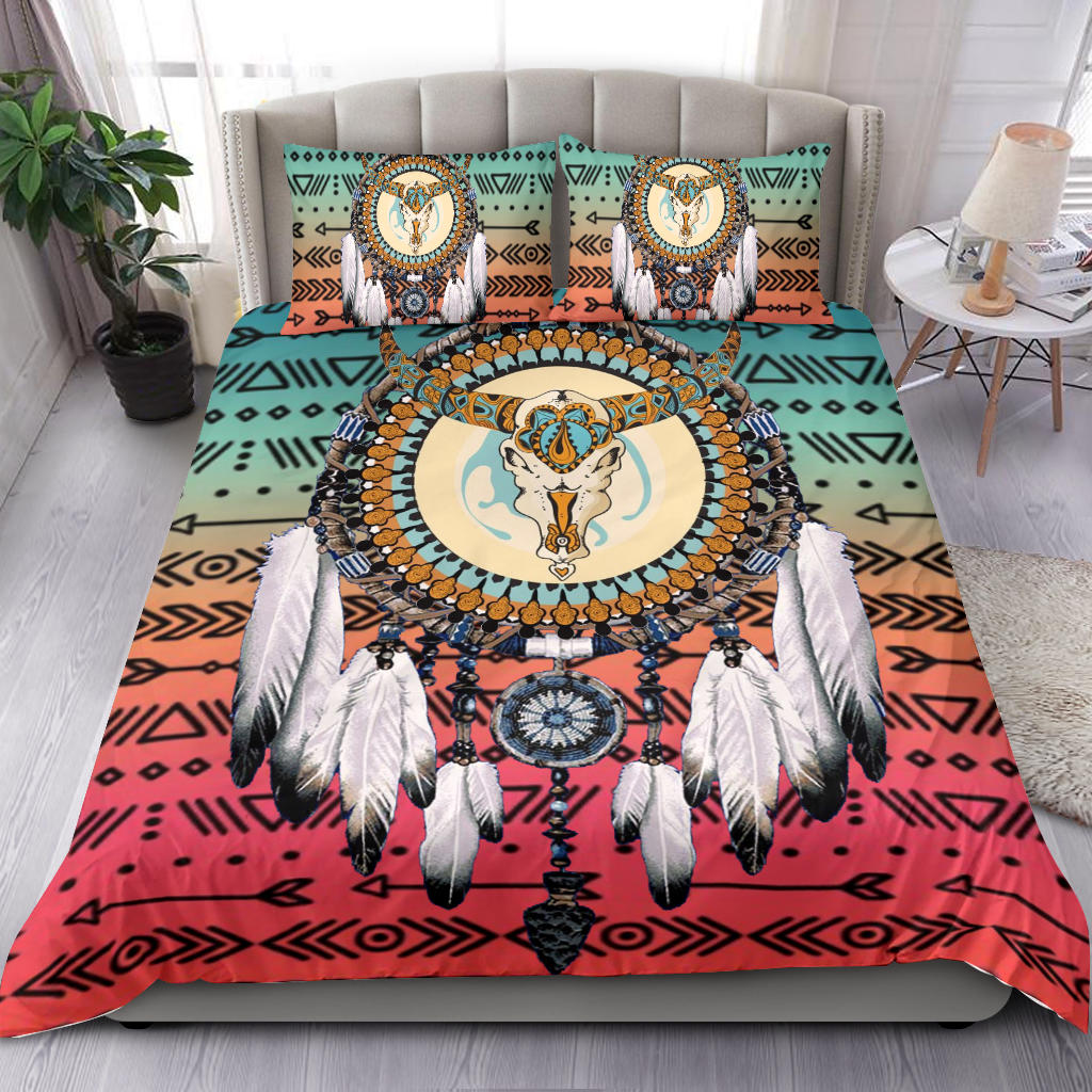 Native American bedding set with two pillows, bold teal zigzags, and red base with feathers