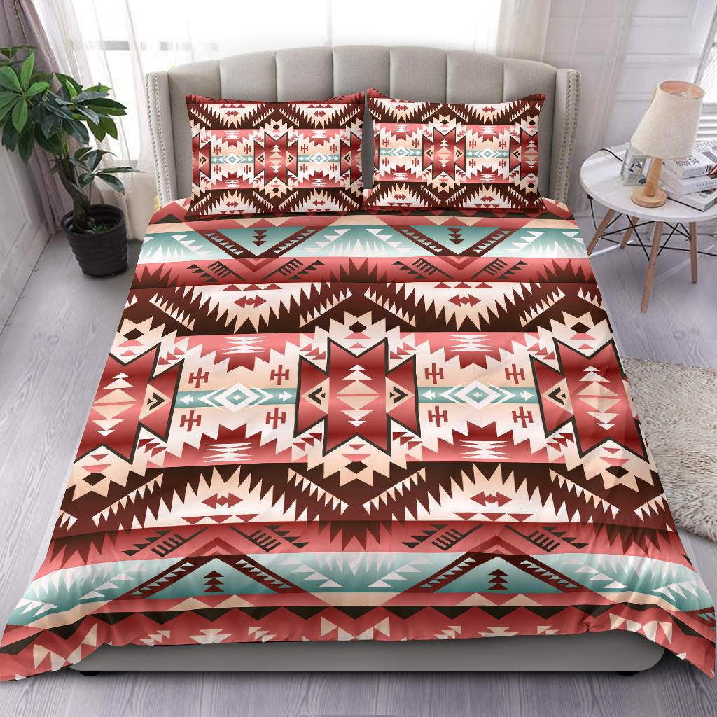 Red, teal and white tribal bedding set with matching sham pillows and full patterned duvet