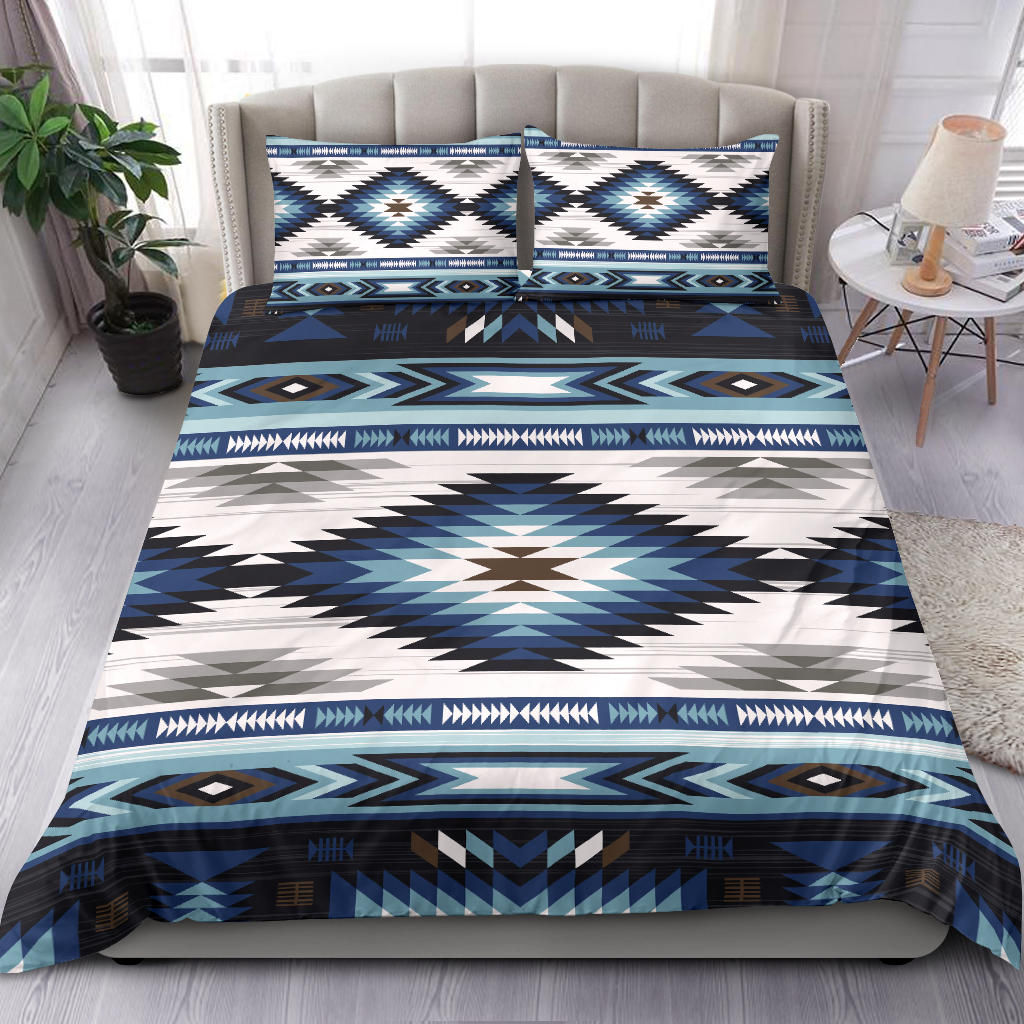 Blue tribal bedding set with two pillowcases and coordinated geometric banded design