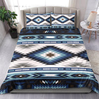 Blue tribal bedding set with two pillowcases and coordinated geometric banded design