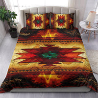 Colorful geometric bedding set with two matching pillows and central star motif