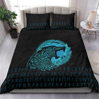 Black duvet set with cyan wolf emblem and rune text pattern, two matching pillows