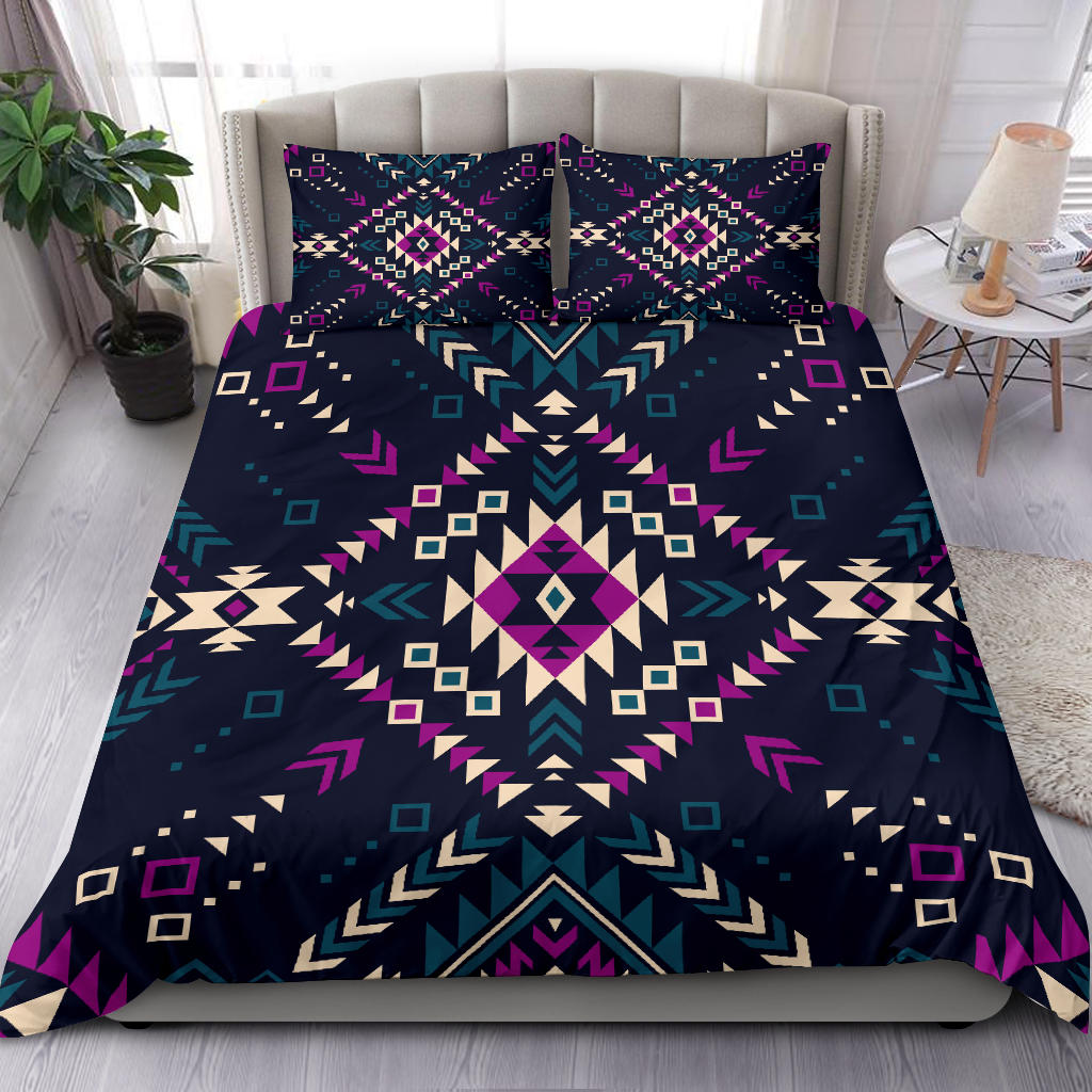 Dark geometric tribal bedding set with multicolor diamond motifs and two matching pillow shams
