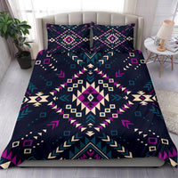 Dark geometric tribal bedding set with multicolor diamond motifs and two matching pillow shams