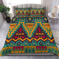 Bedding set cover with bold zigzag bands, teal background, orange and magenta accents