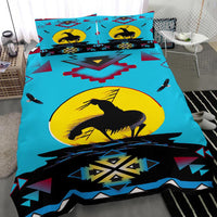 Turquoise bedding set with black horse in yellow circle, red/blue arrows, feather motifs