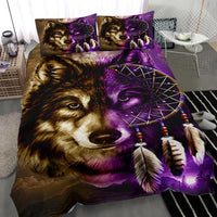 Close-up of wolf and purple dreamcatcher print on bedding set