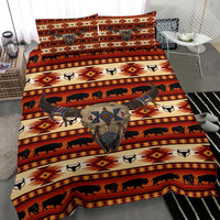 Bison head bedspread with geometric patterns, multicolor buffalo motifs and arrow shapes