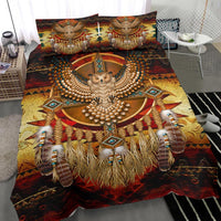 Close-up multicolor owl dreamcatcher duvet with beaded wings, center detail and feather fringe