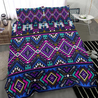 Purple-blue tribal geometric bedding set, colorful border stripes and diamond shapes