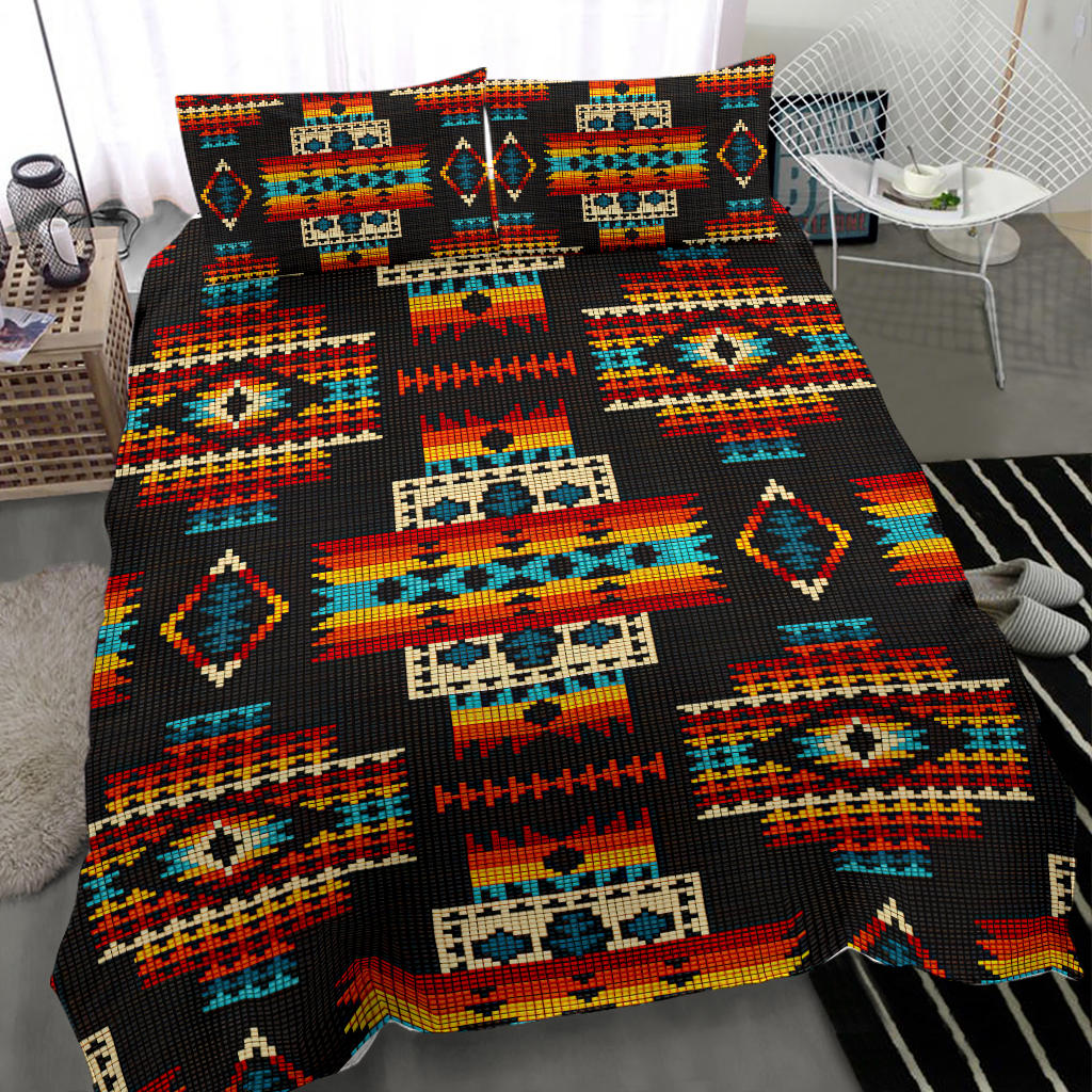 Black bedding set throw with multicolor Native American geometric grid pattern