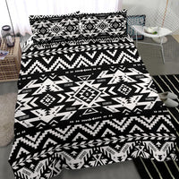 Close view of black and white Native American geometric bedding set fabric texture