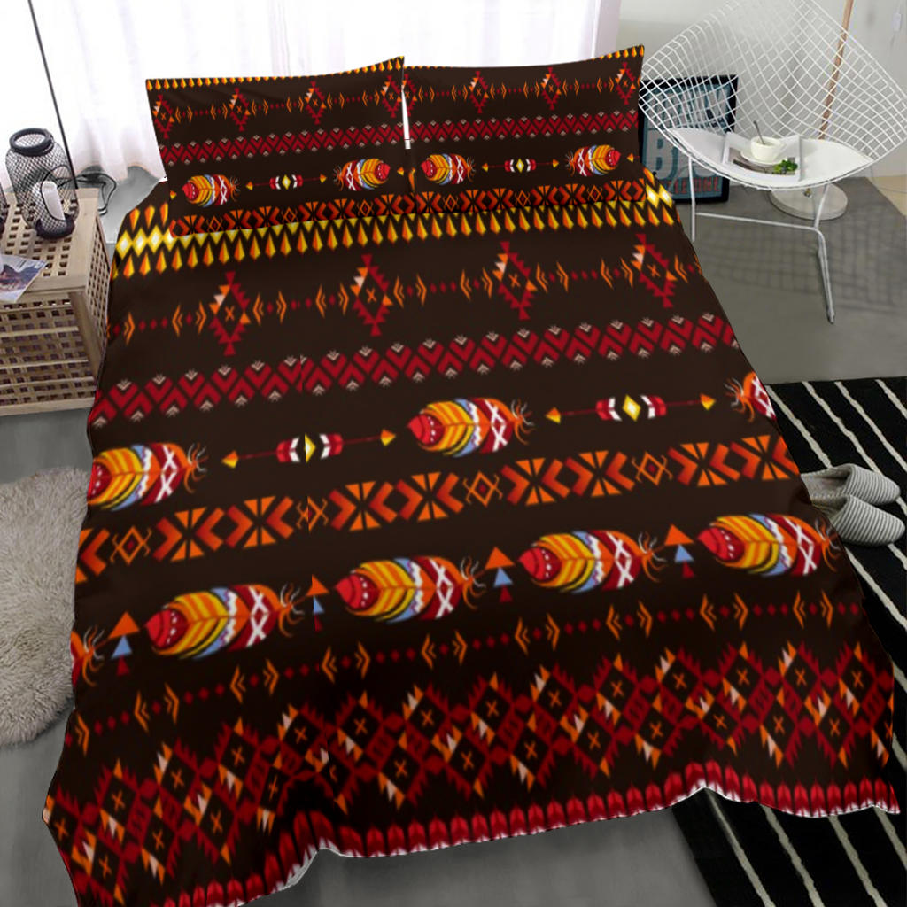 Native American feather motif bedding set, dark base with bold red diamond pattern and motifs