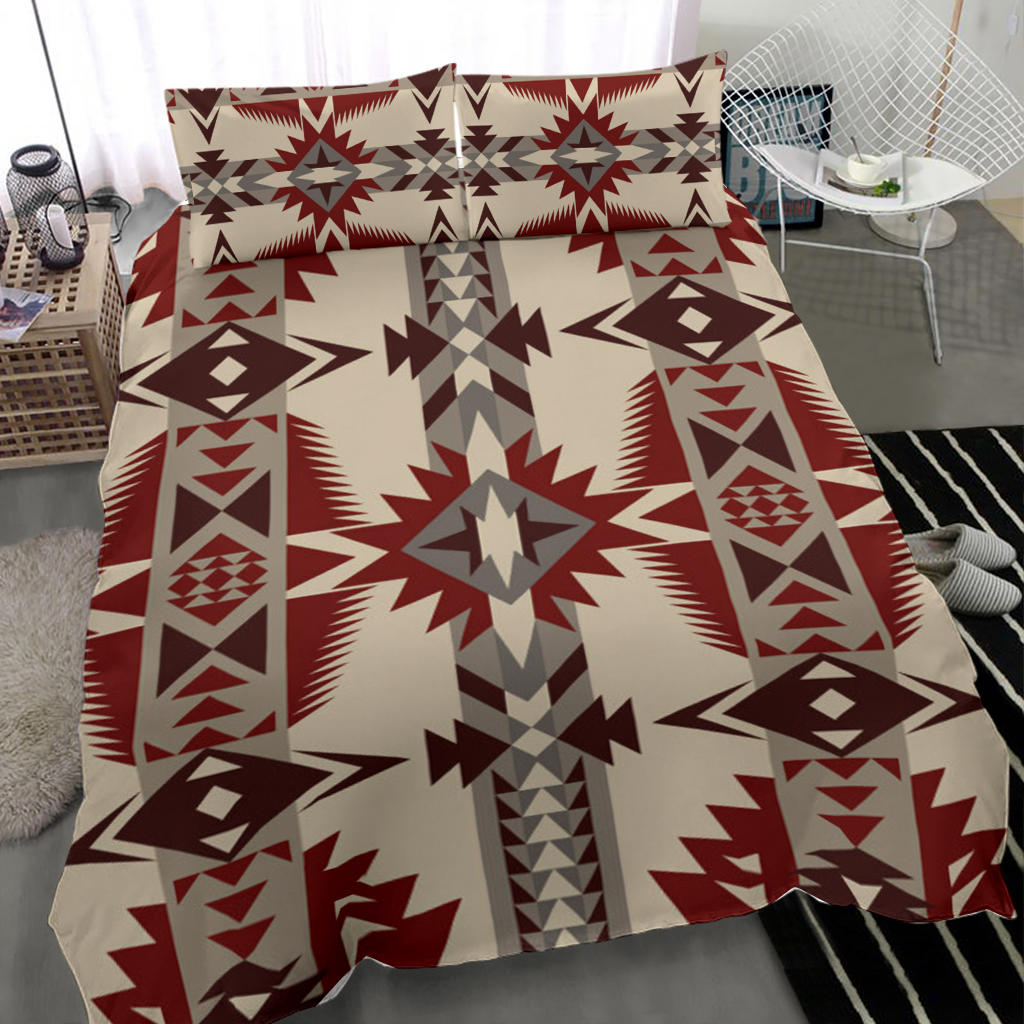 Bedding set with two patterned pillowcases; cream base with red and brown star shapes