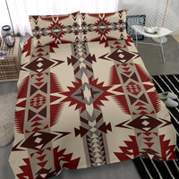Bedding set with two patterned pillowcases; cream base with red and brown star shapes