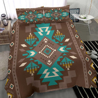 Bettwäscheset braun mit blau-türkisem Zentralmuster und geometrischem Rand, 2 Kissen