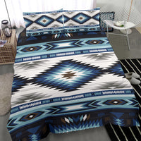 Blue tribal bedding set with geometric wave and diamond band pattern
