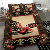 Colorful thunderbird bedding set with cream panel, black/red bird motif; two matching pillows