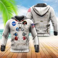 Astronaut zip hoodie: front view with NASA patch, back view with astronaut-themed print