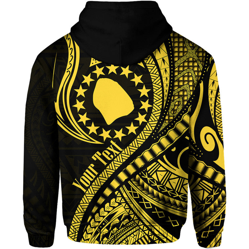 Pullover hoodie in black with gold geometric wave pattern, large back emblem, hood