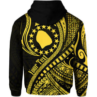 Pullover hoodie in black with gold geometric wave pattern, large back emblem, hood