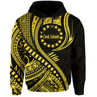 Black and gold pullover hoodie with Polynesian wave pattern and drawstring hood