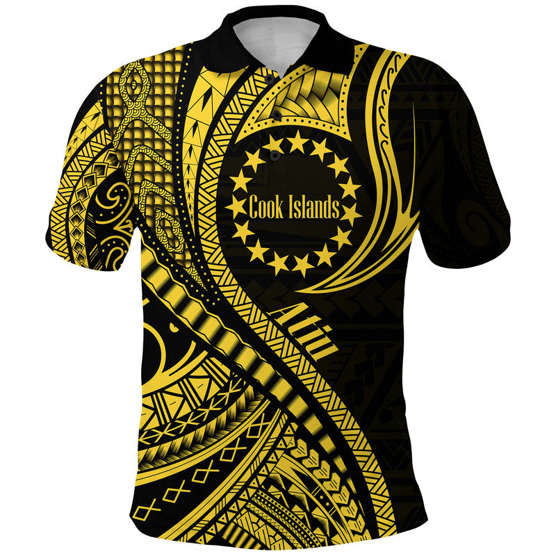 Gold-and-black polynesian polo shirt with star emblem graphic and buttoned collar