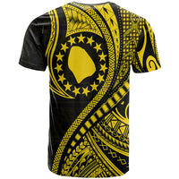 Kids black and gold Polynesian wave T-shirt with circular emblem on back, short sleeves