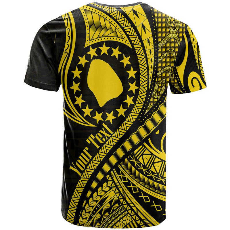 Black and gold graphic T-shirt, back view with circular emblem and Polynesian designs