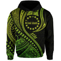 Green and black pullover hoodie with Polynesian wave pattern and round star emblem
