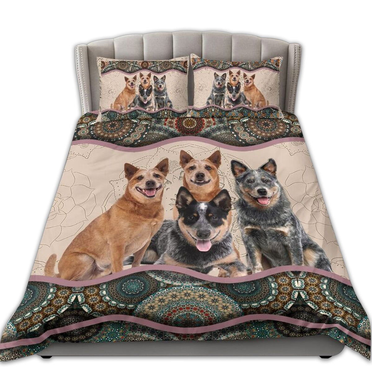 Dog-themed bedding set with five Australian Cattle Dogs on cream comforter, teal paisley border