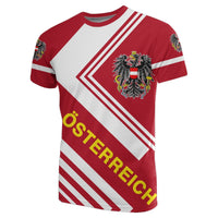 Austria flag T-shirt, red/white stripes with eagle crest and ÖSTERREICH text