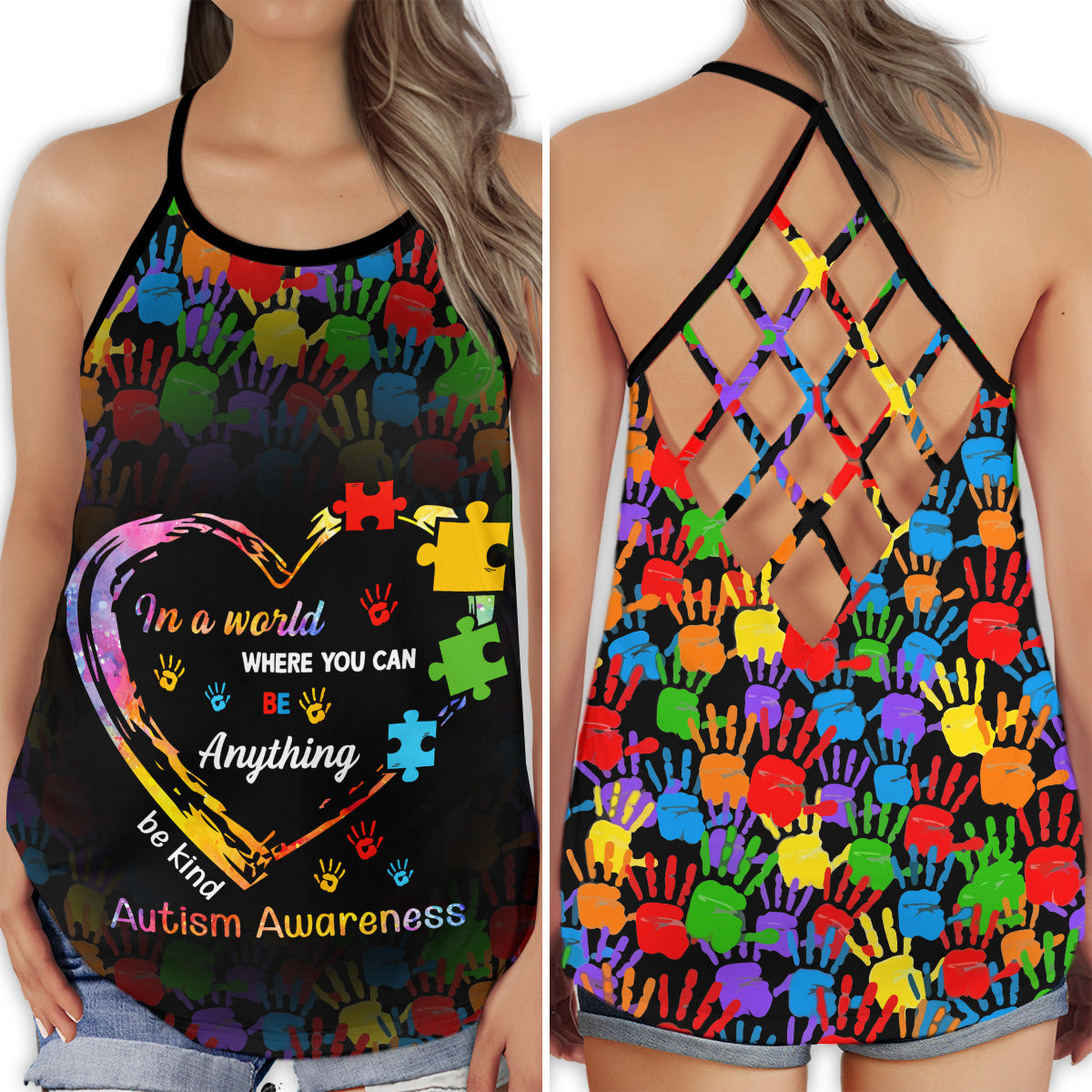 Black tank top with colorful handprints and heart graphic, 'Be Kind' text
