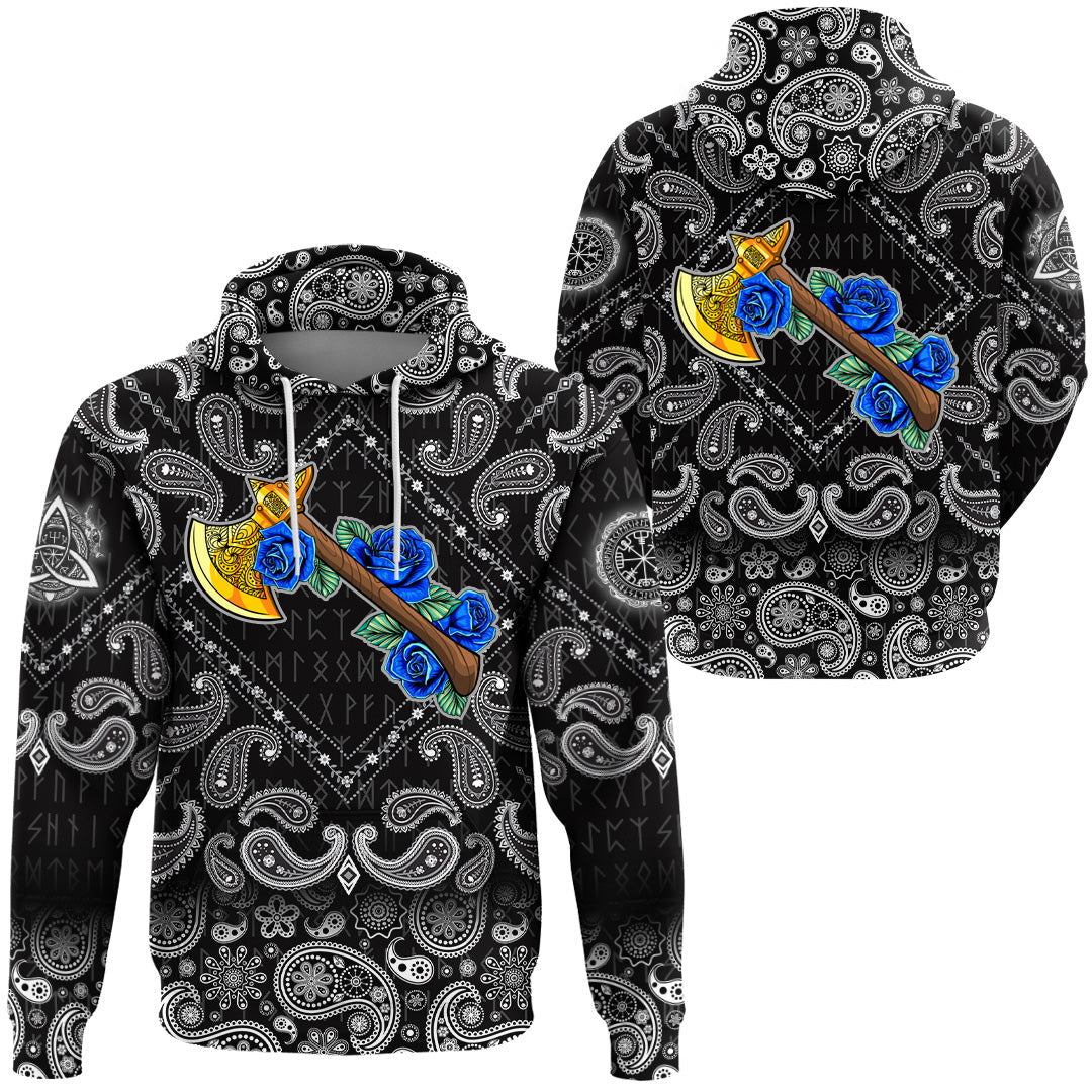 Viking Hoodie Axe With Roses with Bandana Paisley Style RLT12 - Wonder Print Shop