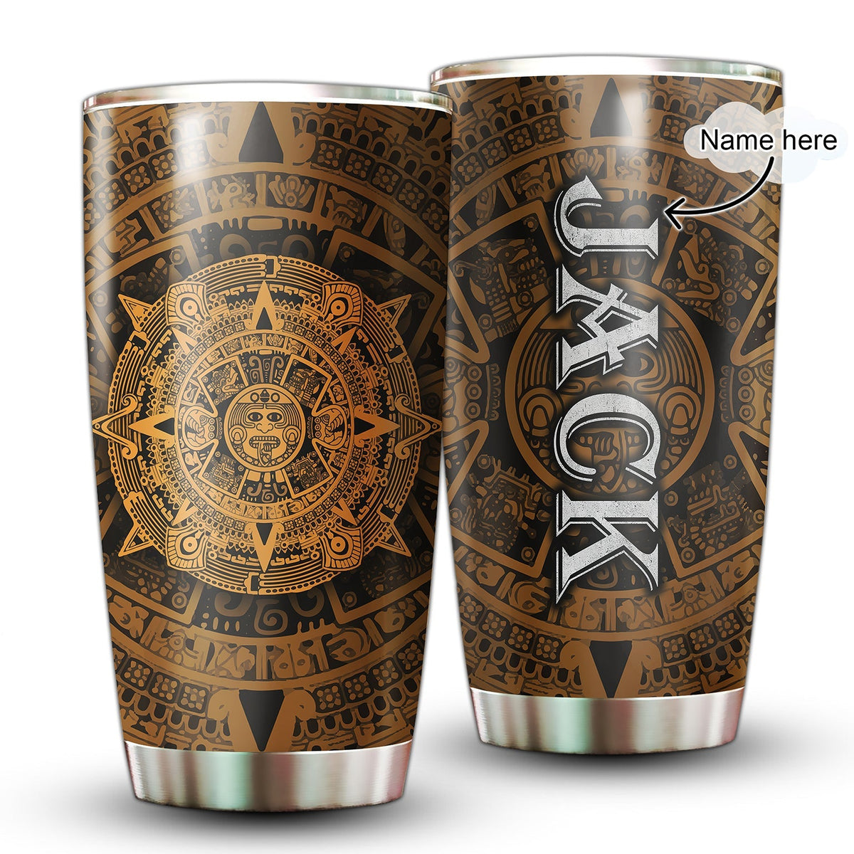 Personalized stainless steel tumbler with Aztec-style gold and black mandala design