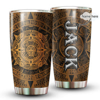Personalized stainless steel tumbler with Aztec-style gold and black mandala design