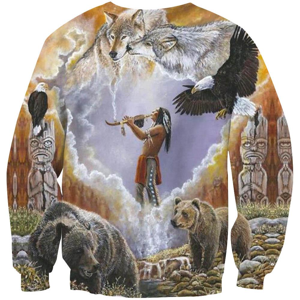 Unisex crewneck sweatshirt with multicolor bears, birds, wolf head, and totem figures