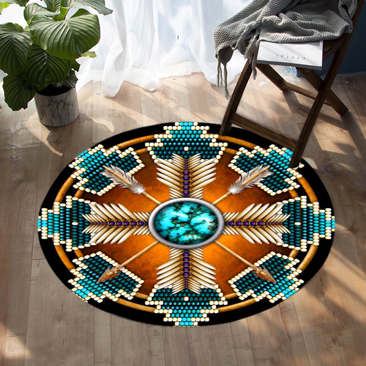 Round Native-style beaded area rug with turquoise central oval, arrows, and striped bead borders