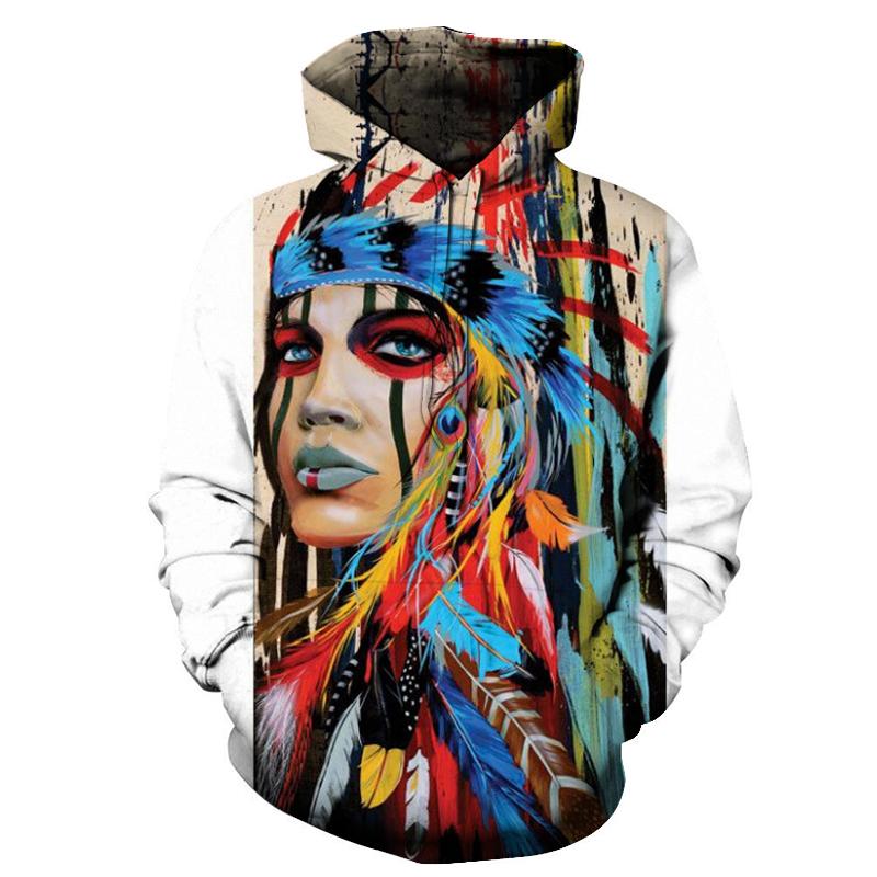 Multicolor pullover hoodie with Native woman face graphic, hood up