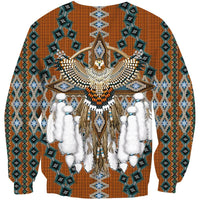 Unisex Native-style sweatshirt with central eagle crest graphic, turquoise/white patterned sleeves