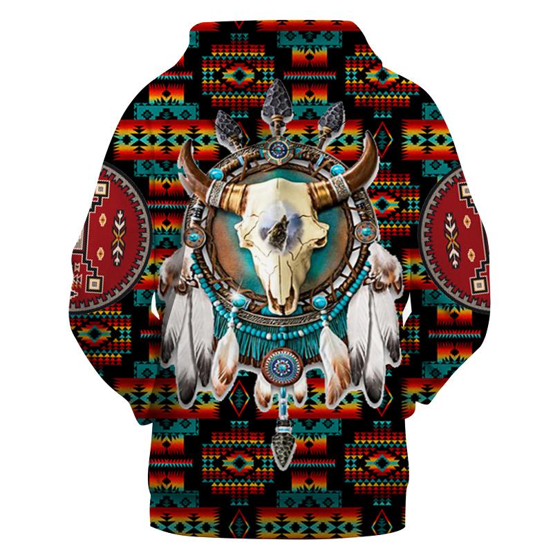 Kapuzenpulli Pullover mit Bison-Print und Dreamcatcher, Native-Muster Multicolor