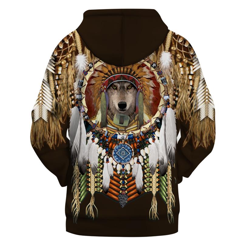 Chief dreamcatcher Native hoodie with multicolor back graphic; dark brown hood