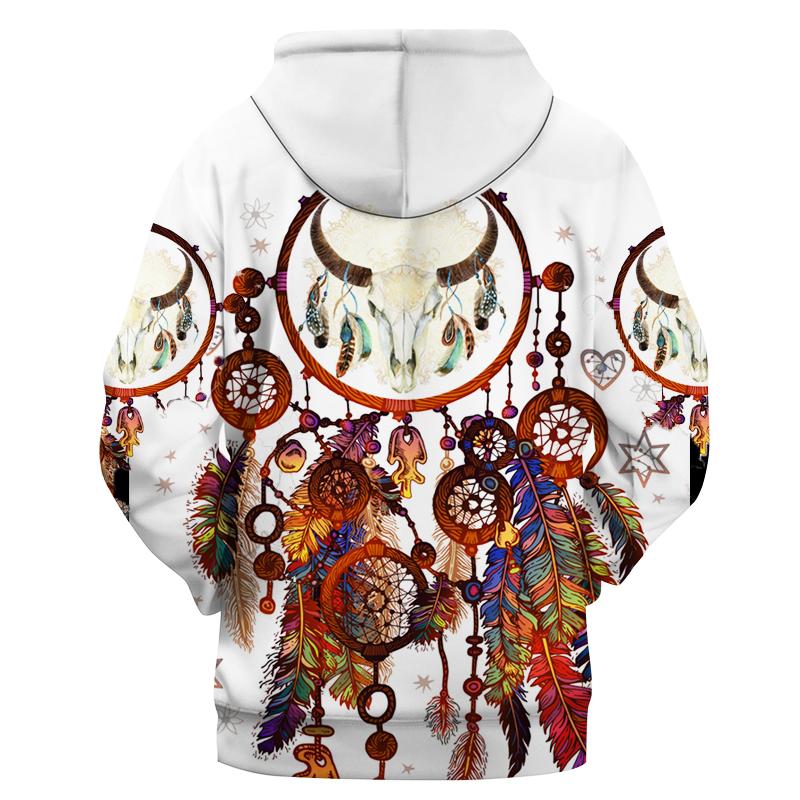 Pullover hoodie back print: large dreamcatcher with multicolor feathers and charms