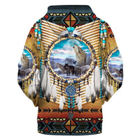 Multicolor wolf-and-dreamcatcher hoodie with bead and feather graphic, close front